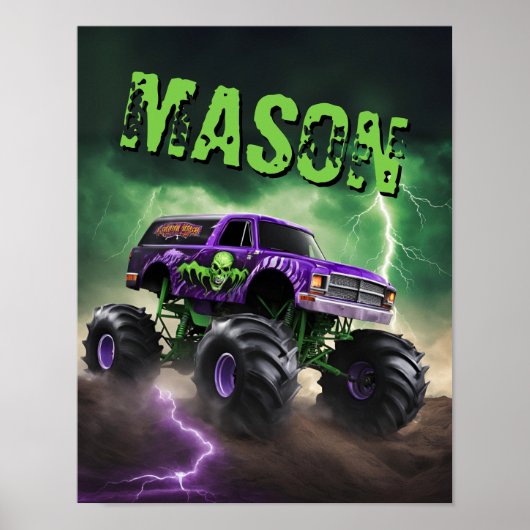 Groene en Paarse Monstertruck Aangepaste Naam Post Poster (Voorkant)