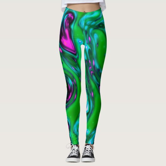 Groene en Paarse Neon Vloeibare Abstracte Kunst Le Leggings (Voorkant)