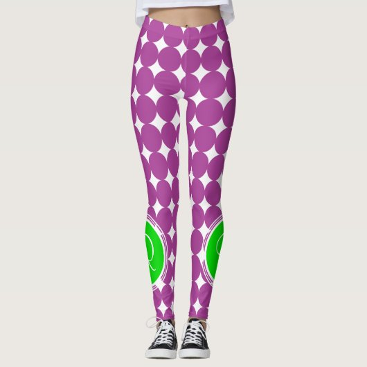 Groene en Paarse Polka Dot Monogram Leggings (Voorkant)