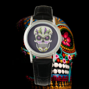 Groene en Paarse Suiker Schedel Horloge