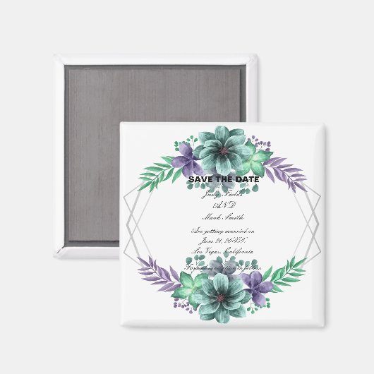 Groene en Paarse Waterverf Floral sparen de datum Magneet (Voorkant / Achterkant)