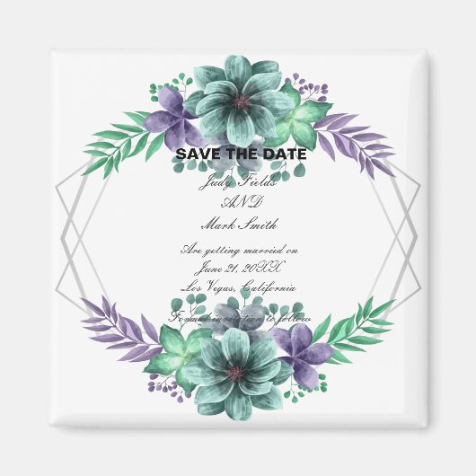 Groene en Paarse Waterverf Floral sparen de datum Magneet (Voorkant)