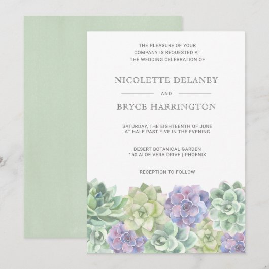 Groene en Paarse Waterverf Succulent Wedding Kaart (Voorkant / Achterkant)