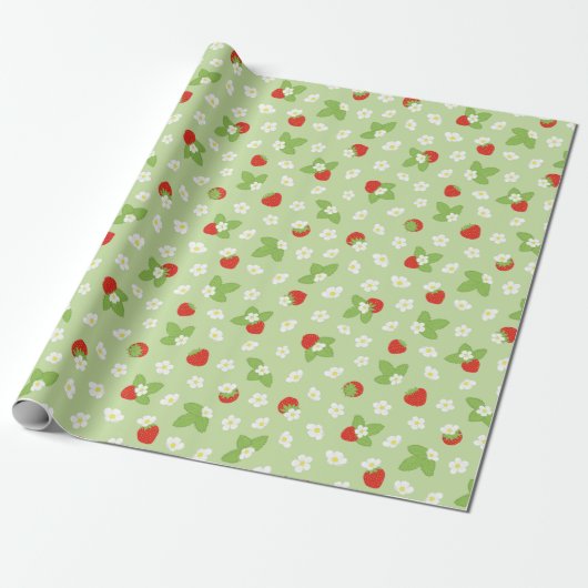 Groene en Rode Aardbeien Bloemen Patroon Cadeaupapier (Uitgerold)