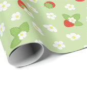 Groene en Rode Aardbeien Bloemen Patroon Cadeaupapier (Rol Hoek)