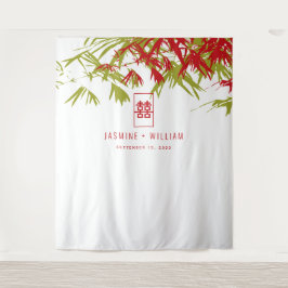 Groene en rode bamboe laat de Chinese bruiloft ach Wandkleed