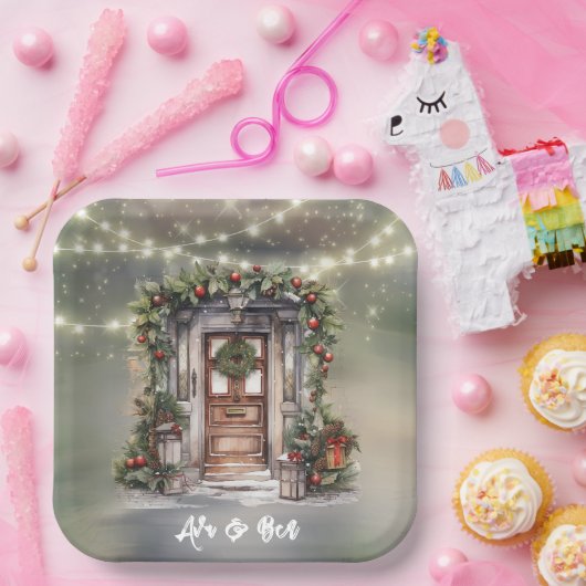 Groene en rode bessen versierde deur licht Kerstmi Papieren Bordje (Feest)