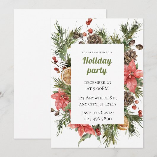 Groene en rode bloemen kerstfeest kaart (Voorkant / Achterkant)