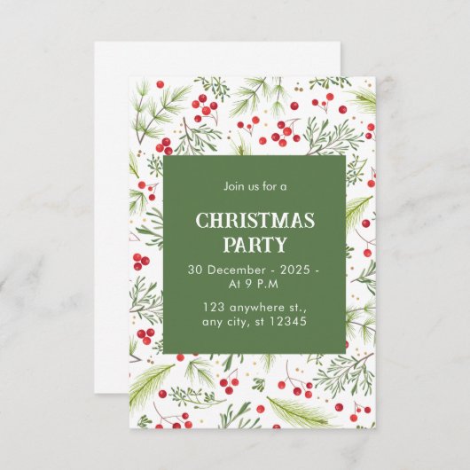 Groene en Rode Bloemenden en Vrolijke Kerstmis Kaart (Voorkant / Achterkant)