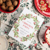 Groene en rode bloemenkrans Kerstuitnodiging Kaart