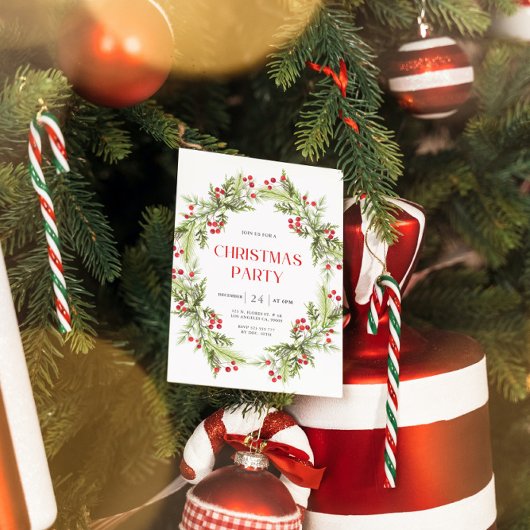Groene en rode bloemenkrans Kerstuitnodiging Kaart