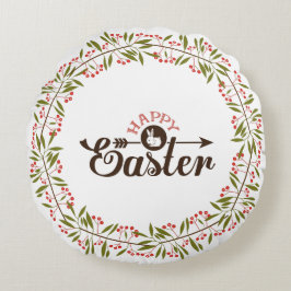 Groene en rode bloemenkrans met konijn rond kussen