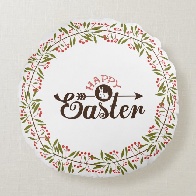 Groene en rode bloemenkrans met konijn rond kussen (Voorkant)