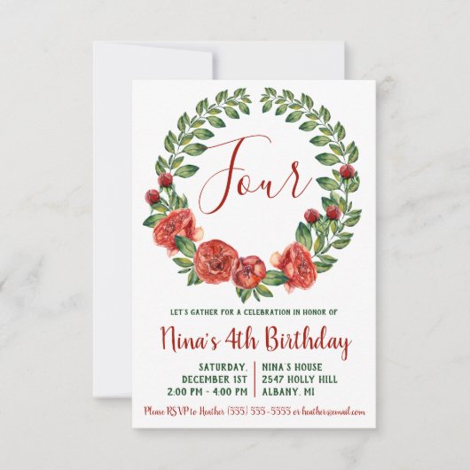 Groene en Rode Floral Wreath Birthday Invitation Kaart (Voorkant)