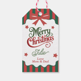 Groene en rode gestreepte vrolijk kerstfeest cadeaulabel