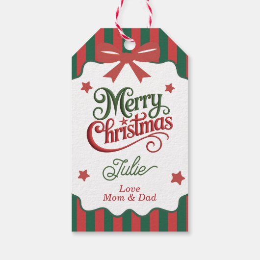 Groene en rode gestreepte vrolijk kerstfeest cadeaulabel (Achterkant)