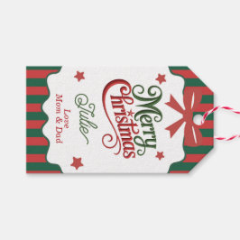 Groene en rode gestreepte vrolijk kerstfeest cadeaulabel