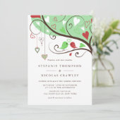 Groene en rode grillige lovebirds bruiloft kaart (Staand voorkant)