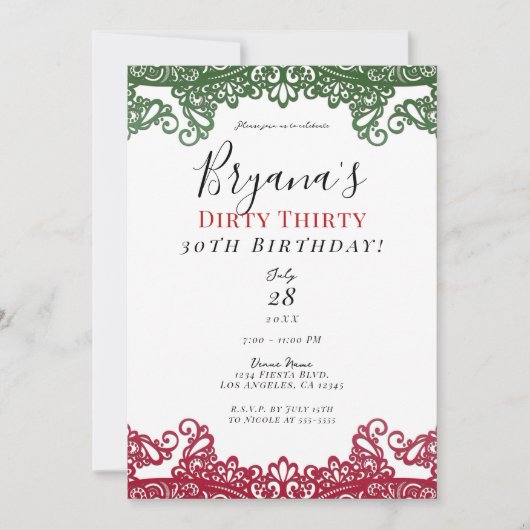 Groene en rode kant Elegante Fiesta 30e verjaardag Kaart (Voorkant)