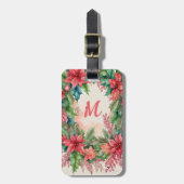 Groene en rode kerst poinsettia krans monogram bagagelabel (Voorkant verticaal)
