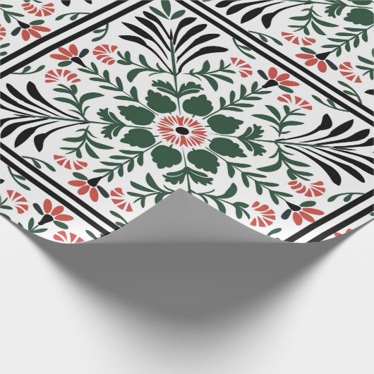 Groene en rode kerst volkskunst cadeaupapier (Hoek)