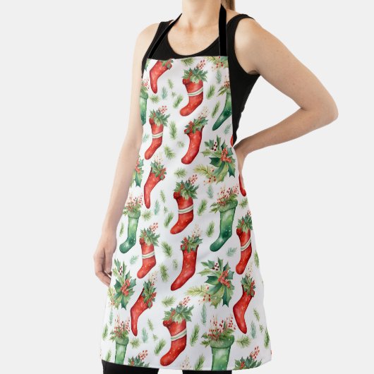 Groene en rode kerstkousen schort (Insitu)