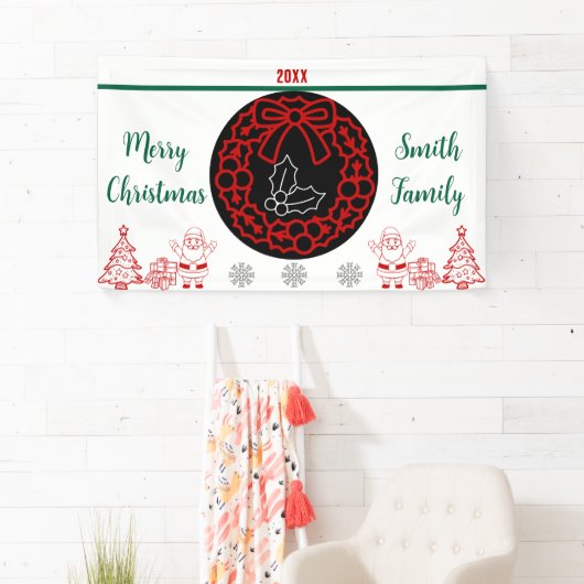 groene en rode kerstkrans sneeuwvlok Santa Clause Spandoek (Insitu)