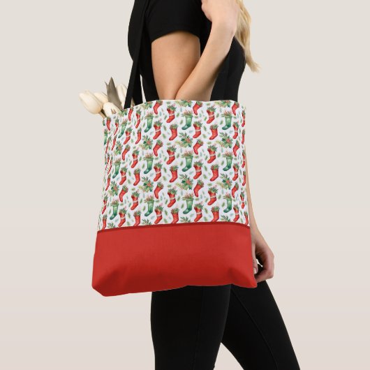Groene en Rode Kerstmutsen Kleurblok Tote Bag (Dichtbij)
