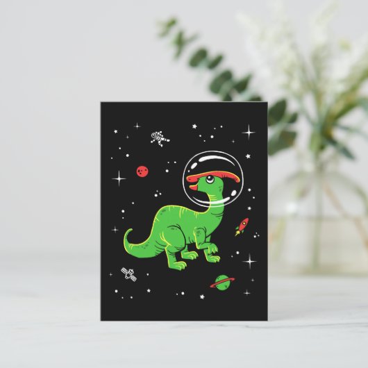 Groene en rode parasaurolophus dinos in de ruimte briefkaart (Staand voorkant)