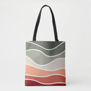 Groene en rode retro stijl golven ontwerp tote bag