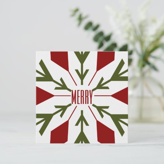 Groene en rode sneeuwvlok met MERRY-tekst Feestdagenkaart (Staand voorkant)