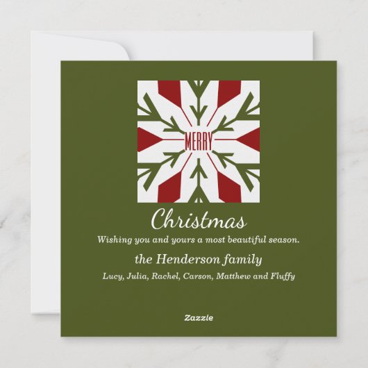 Groene en rode sneeuwvlok met MERRY-tekst Feestdagenkaart (Achterkant)