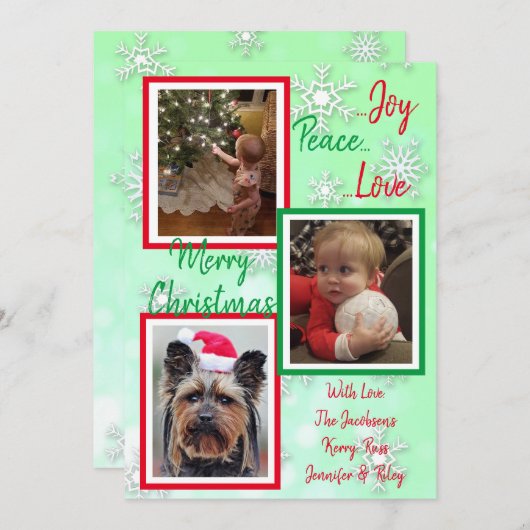 Groene en rode sneeuwvlokken Familie Foto's Kerstm Kaart (Voorkant / Achterkant)