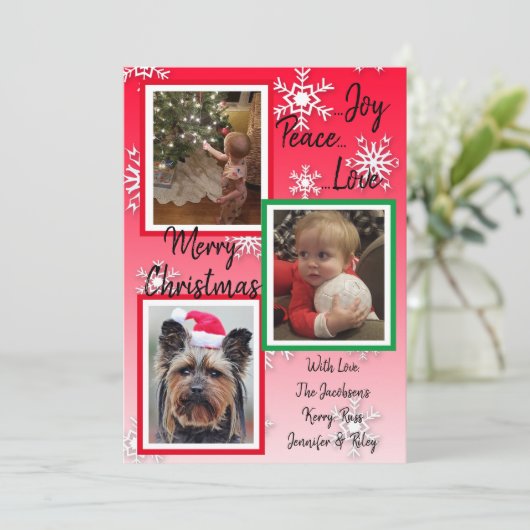 Groene en rode sneeuwvlokken Familie Foto's Kerstm Kaart (Staand voorkant)