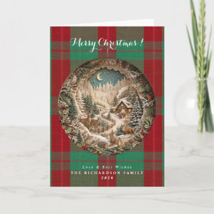 Groene en rode tartan geruite 3D-papierknip-kerst Kaart