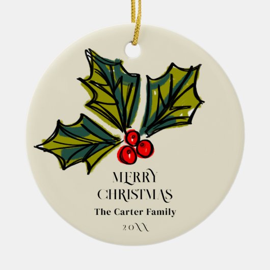 Groene en Rode Waterverf Holly Berry Familie Foto Keramisch Ornament (Voorkant)