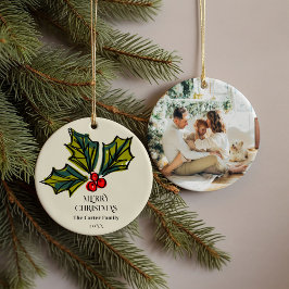 Groene en Rode Waterverf Holly Berry Familie Foto Keramisch Ornament