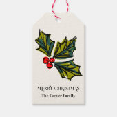 Groene en Rode Waterverf Holly Berry Leaves Sketch Cadeaulabel (Voorkant)