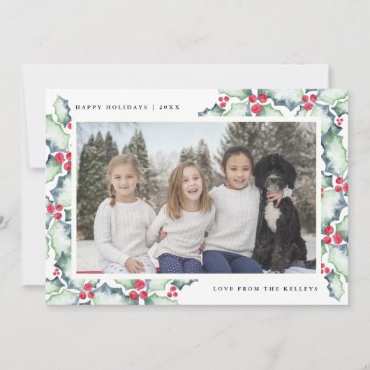 Groene en Rode Waterverf Holly, Vakantieknopkaart Feestdagenkaart (Voorkant)