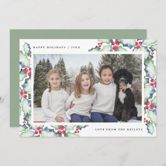 Groene en Rode Waterverf Holly, Vakantieknopkaart Feestdagenkaart
