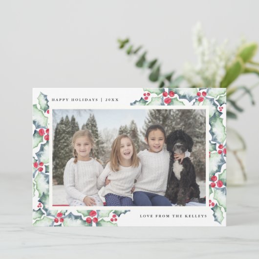 Groene en Rode Waterverf Holly, Vakantieknopkaart Feestdagenkaart (Staand voorkant)