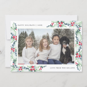 Groene en Rode Waterverf Holly, Vakantieknopkaart Feestdagenkaart