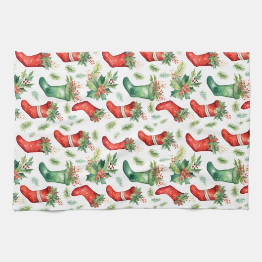 Groene en rode Waterverf kerstkousen Theedoek (Horizontaal)