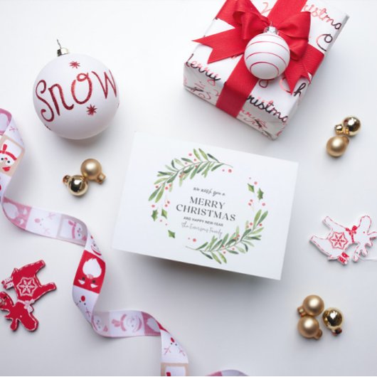 Groene en Rode Waterverf Vrolijke Kerstmis Kaart