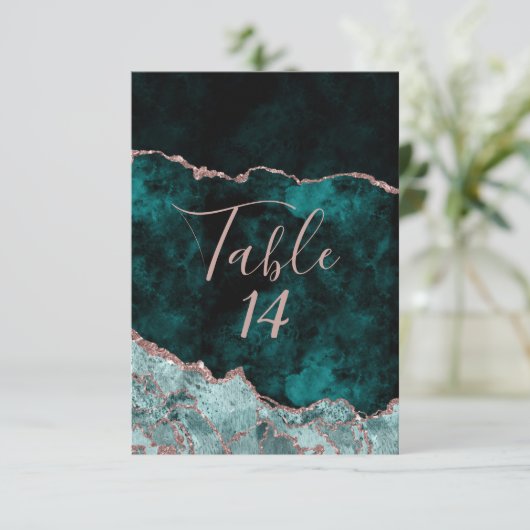 Groene en Roos gouden bruidetabelnummers Kaart (Staand voorkant)