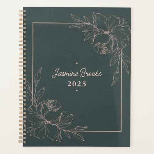 Groene en roze bloemenrand 2025 aangepaste naam planner (Voorkant)