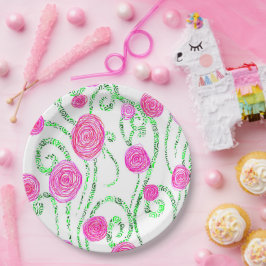 Groene en Roze Bloemenwijnstokken Papieren Bordje