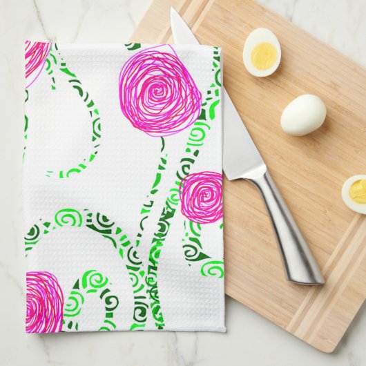 Groene en Roze Bloemenwijnstokken Theedoek (Quarter Fold)