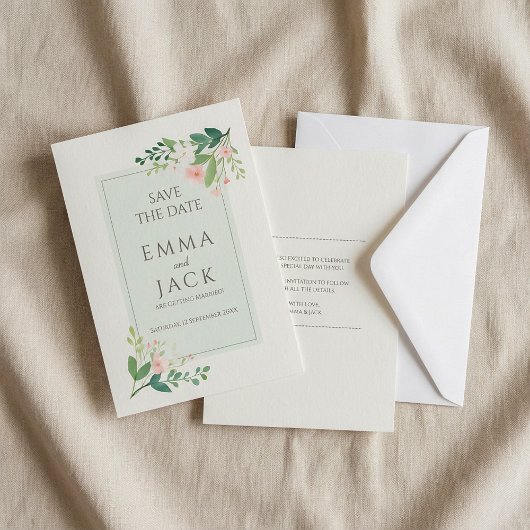 Groene en roze bloemenzachte bruiloft save the dat date