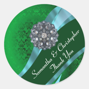 Groene en roze damast trouwzegel ronde sticker